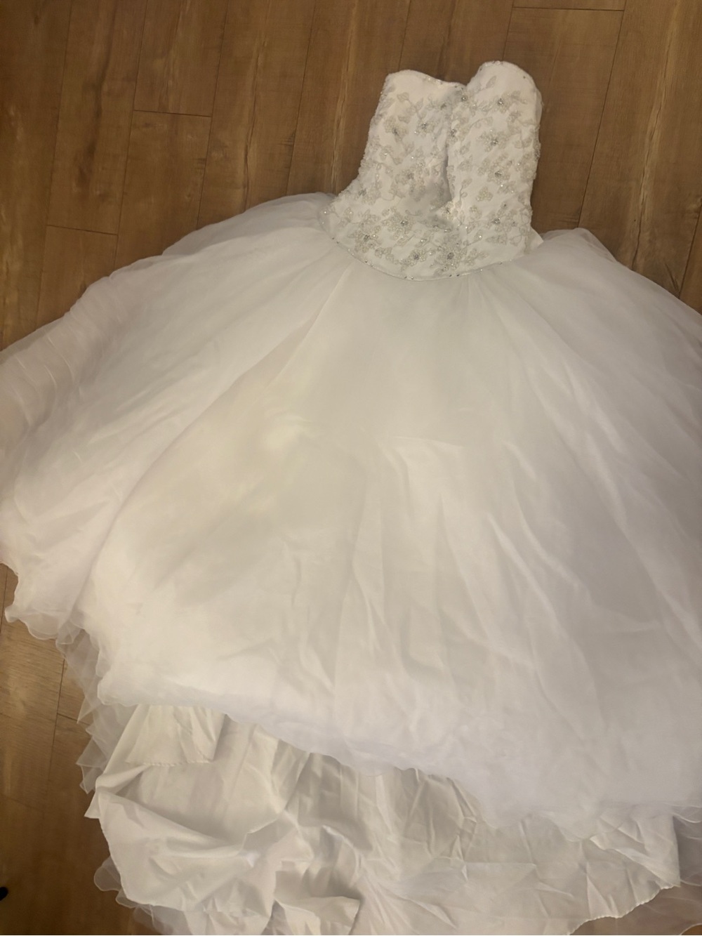 White Beaded Tulle Wedding Dress - Strapless Ball Gown